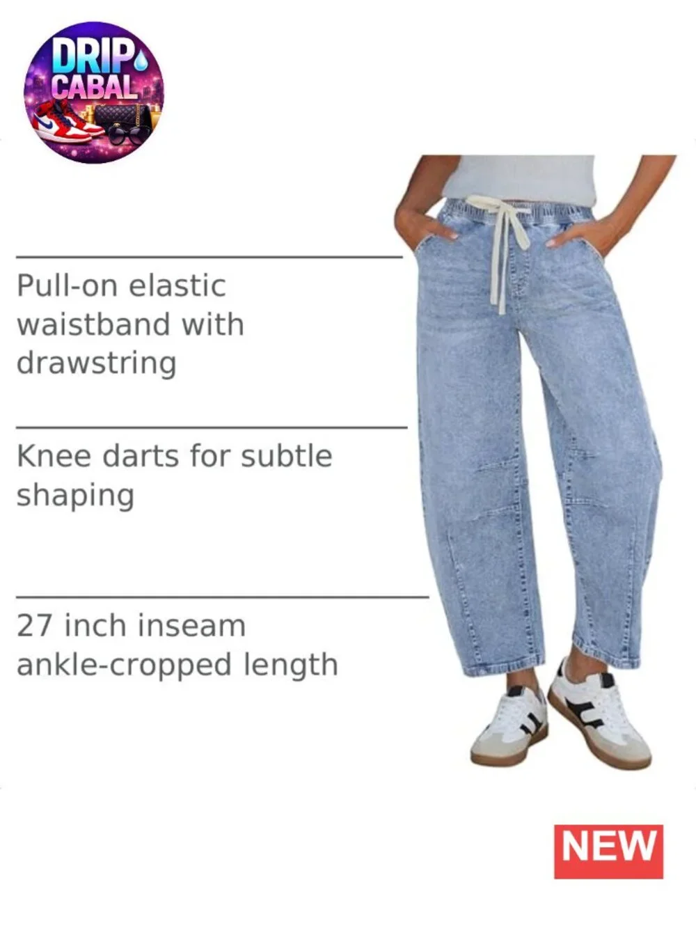 Womens High Rise Barrel Jeans Pull On Elastic Waist Crop Denim Pants Stretchy